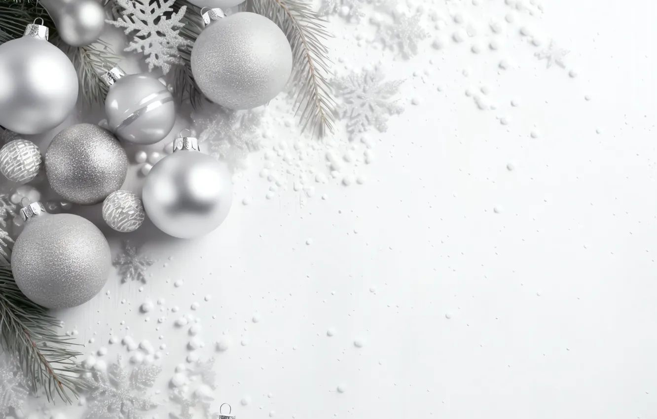 Photo wallpaper balls, branches, silver, new year, silver, Christmas, white background, needles