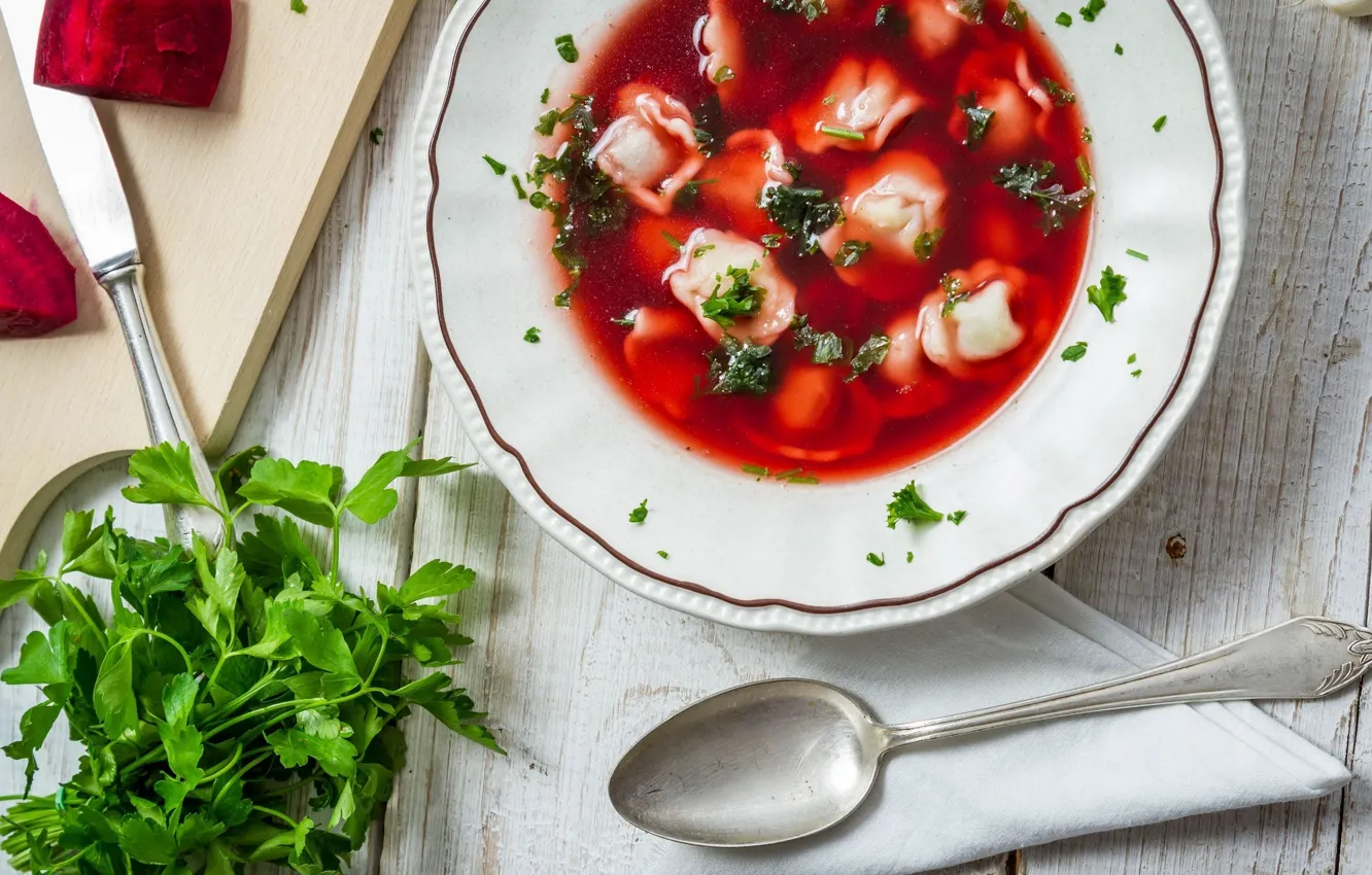 Photo wallpaper greens, Board, plate, spoon, parsley, dumplings, pelmeni