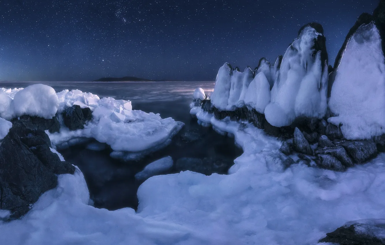 Photo wallpaper winter, sea, the sky, snow, landscape, night, nature, rocks