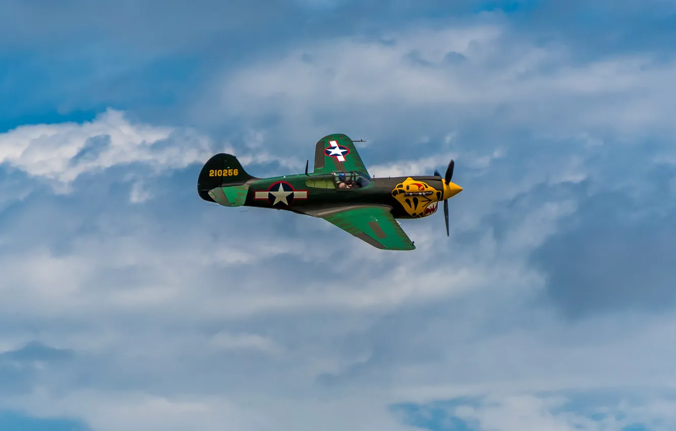 Photo wallpaper the sky, clouds, retro, the plane, fighter, parade