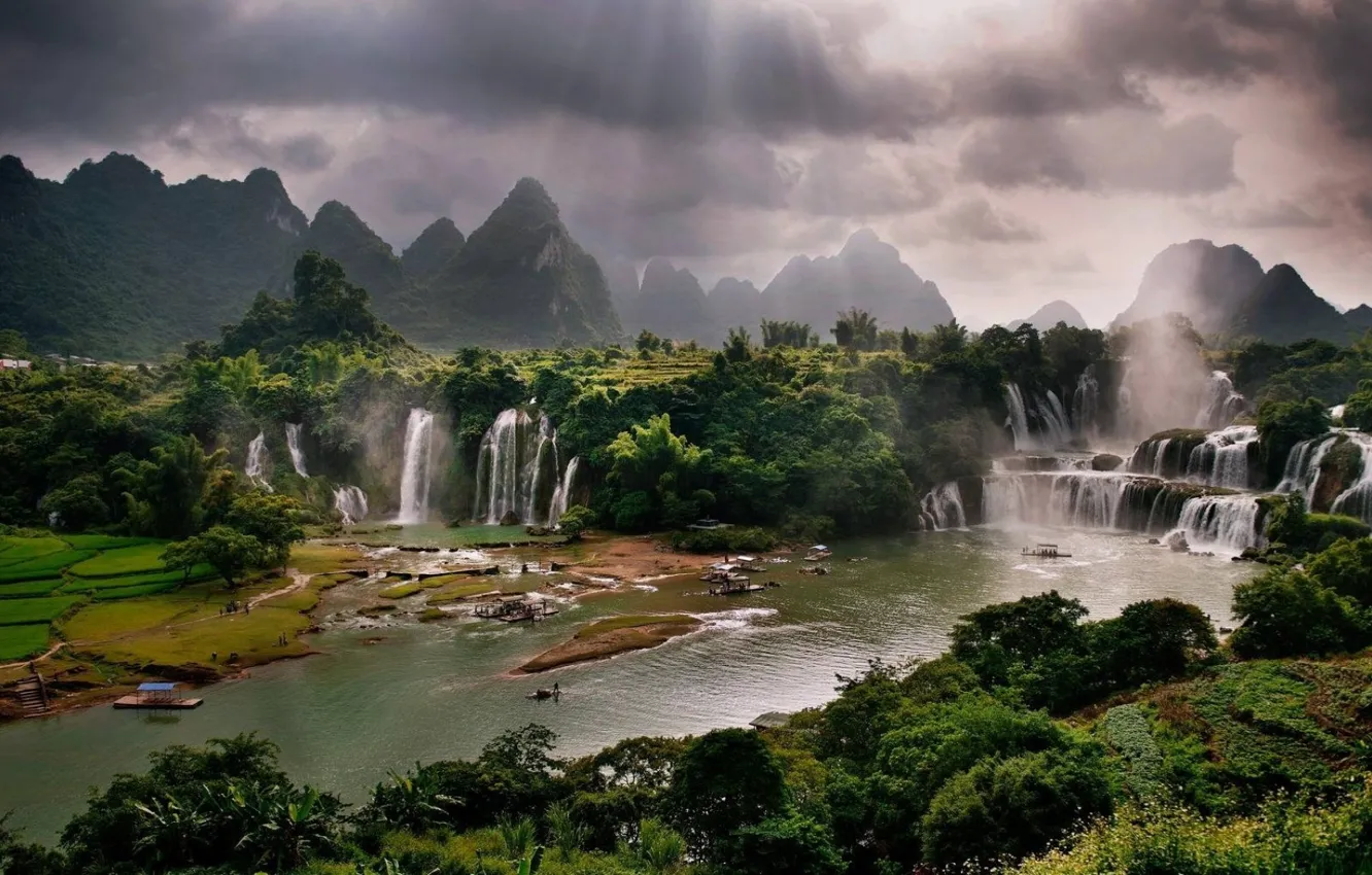 Photo wallpaper river, waterfalls, Vietnam, river, Vietnam, waterfalls, sunbeam, sunbeams