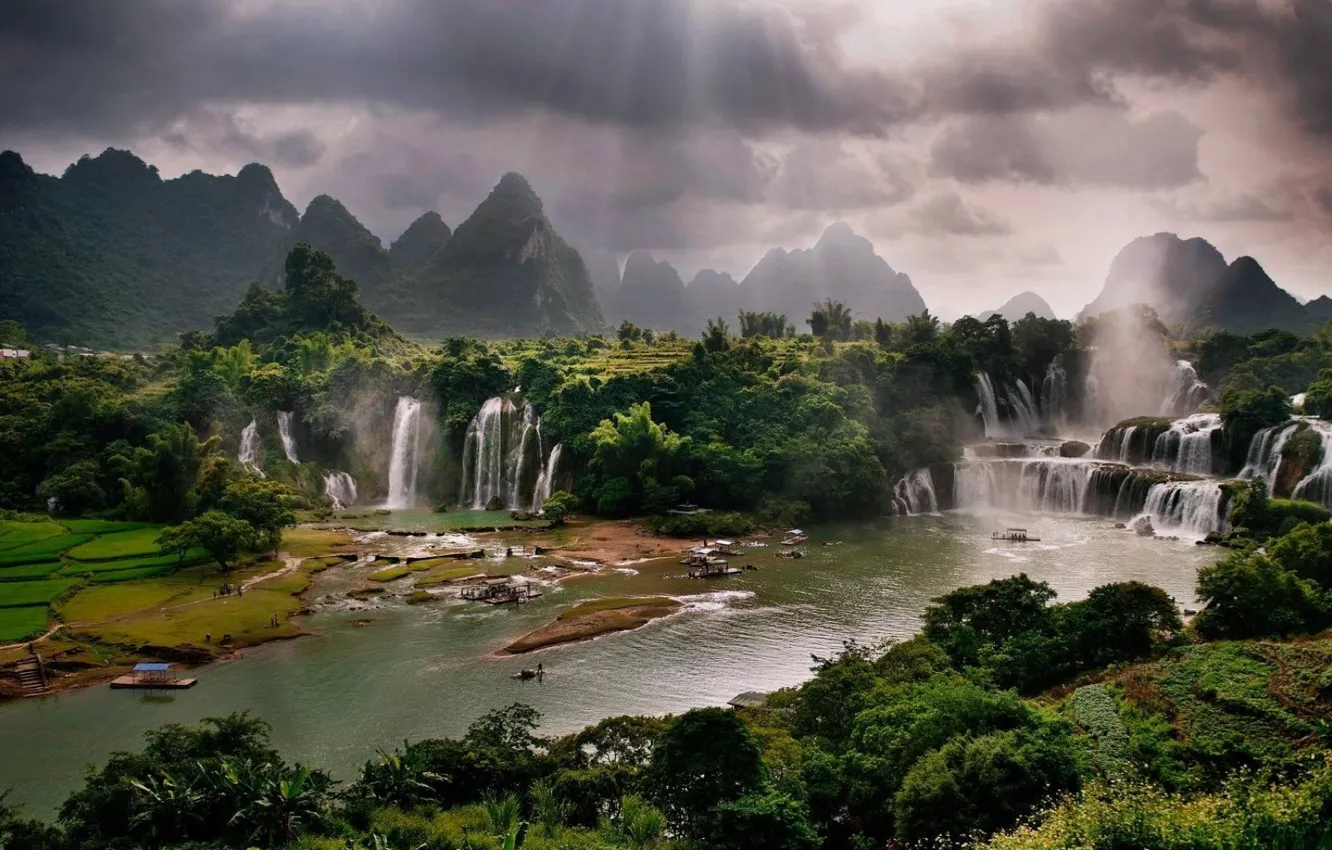 Photo wallpaper waterfall, river, Vietnam, river, Vietnam, waterfalls, sunbeam, sunbeams