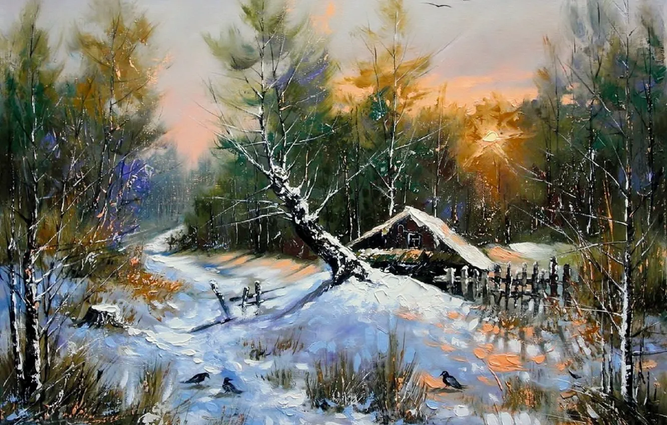 Photo wallpaper winter, forest, snow, landscape, birds, house, tree, hut