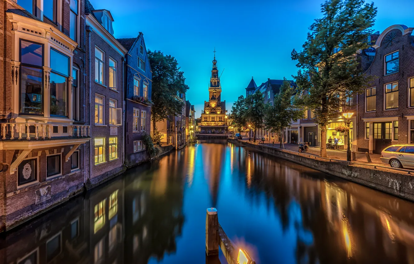 Photo wallpaper night, lights, home, channel, Netherlands, Alkmaar