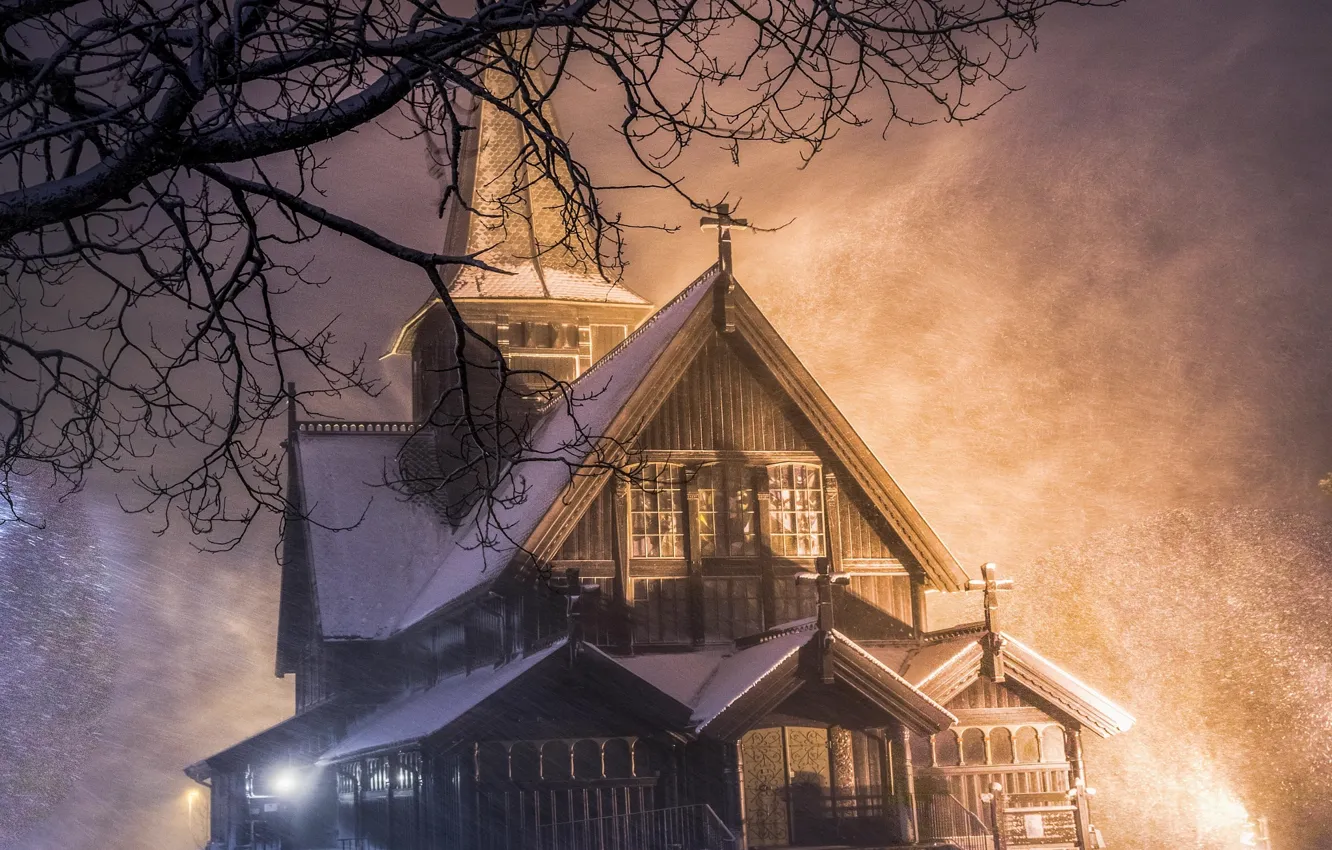 Photo wallpaper winter, landscape, branches, nature, house, tree, the evening, lighting