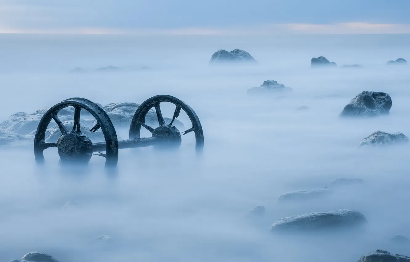 Photo wallpaper sea, landscape, fog, wheel