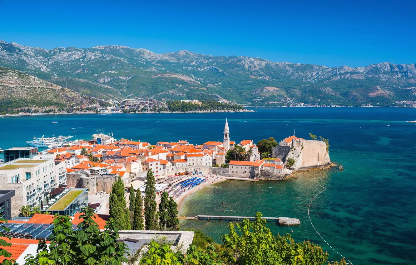 Photo wallpaper sea, mountains, home, Montenegro, Budva
