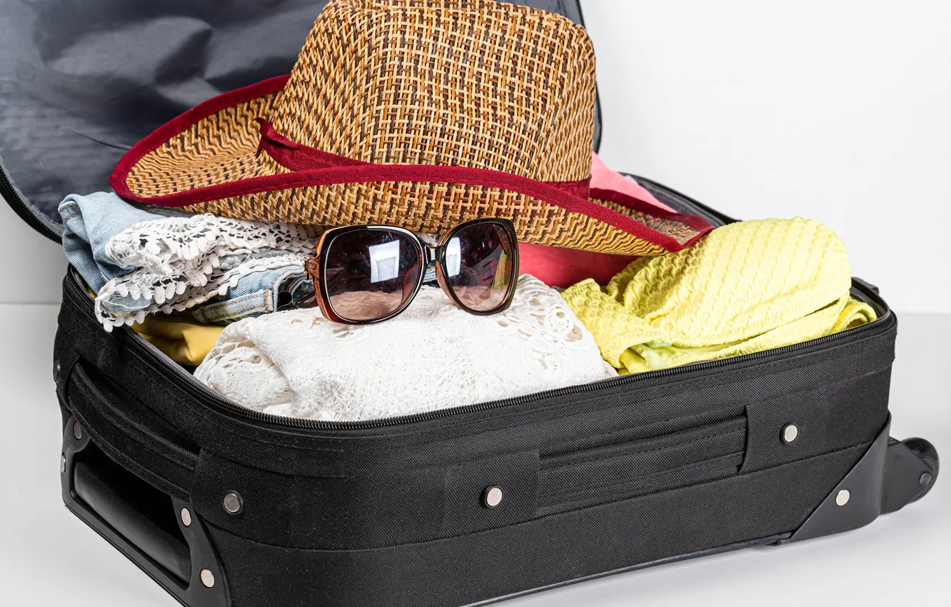 Photo wallpaper stay, clothing, hat, glasses, suitcase