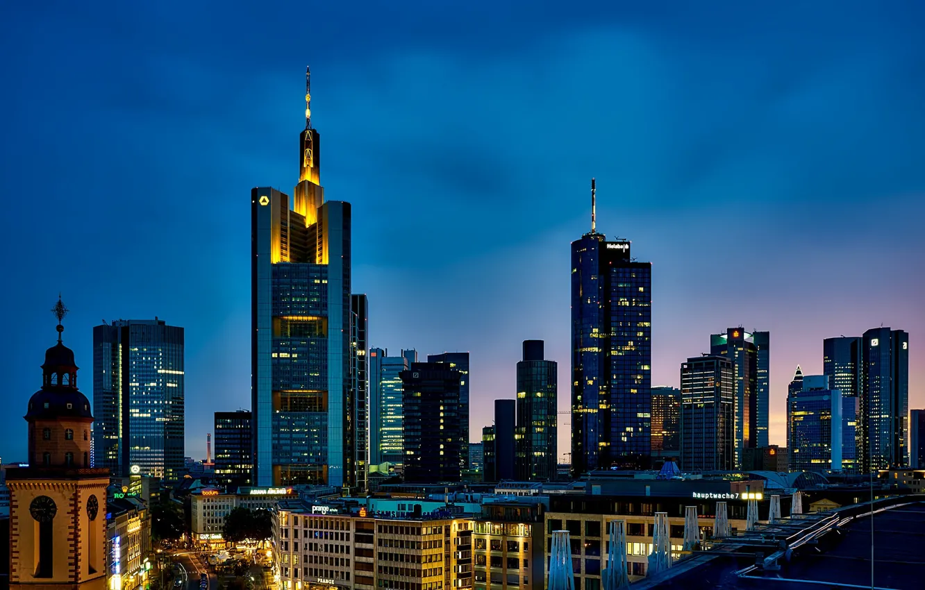 Photo wallpaper the sky, sunset, lights, home, skyscrapers, the evening, Germany, Frankfurt am main
