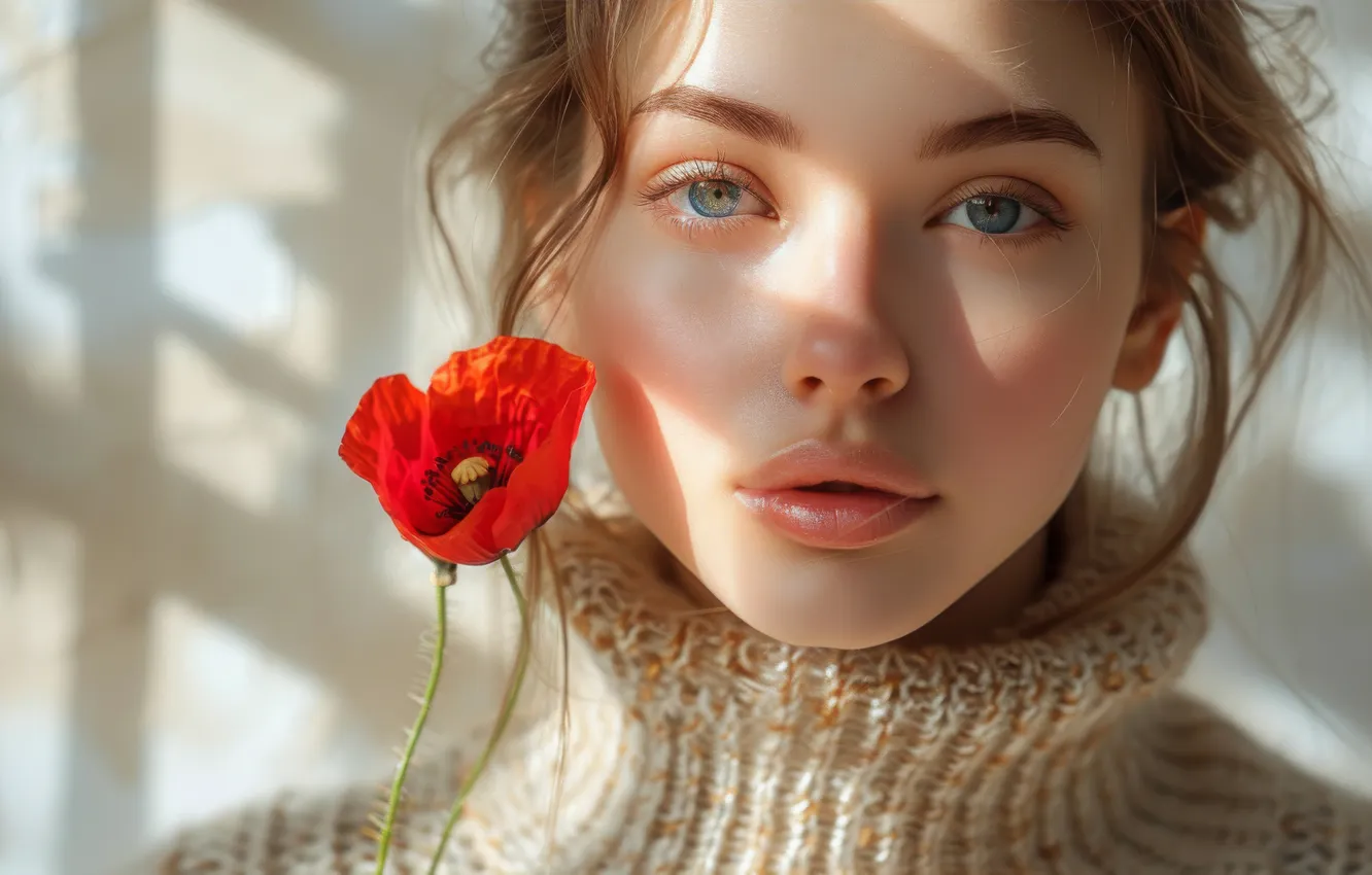 Photo wallpaper look, girl, light, flowers, red, face, wall, Mac