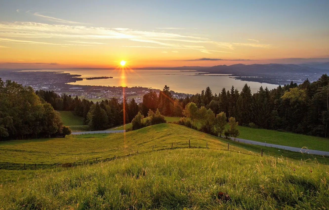 Photo wallpaper the sun, nature, sunrise, hills, panorama