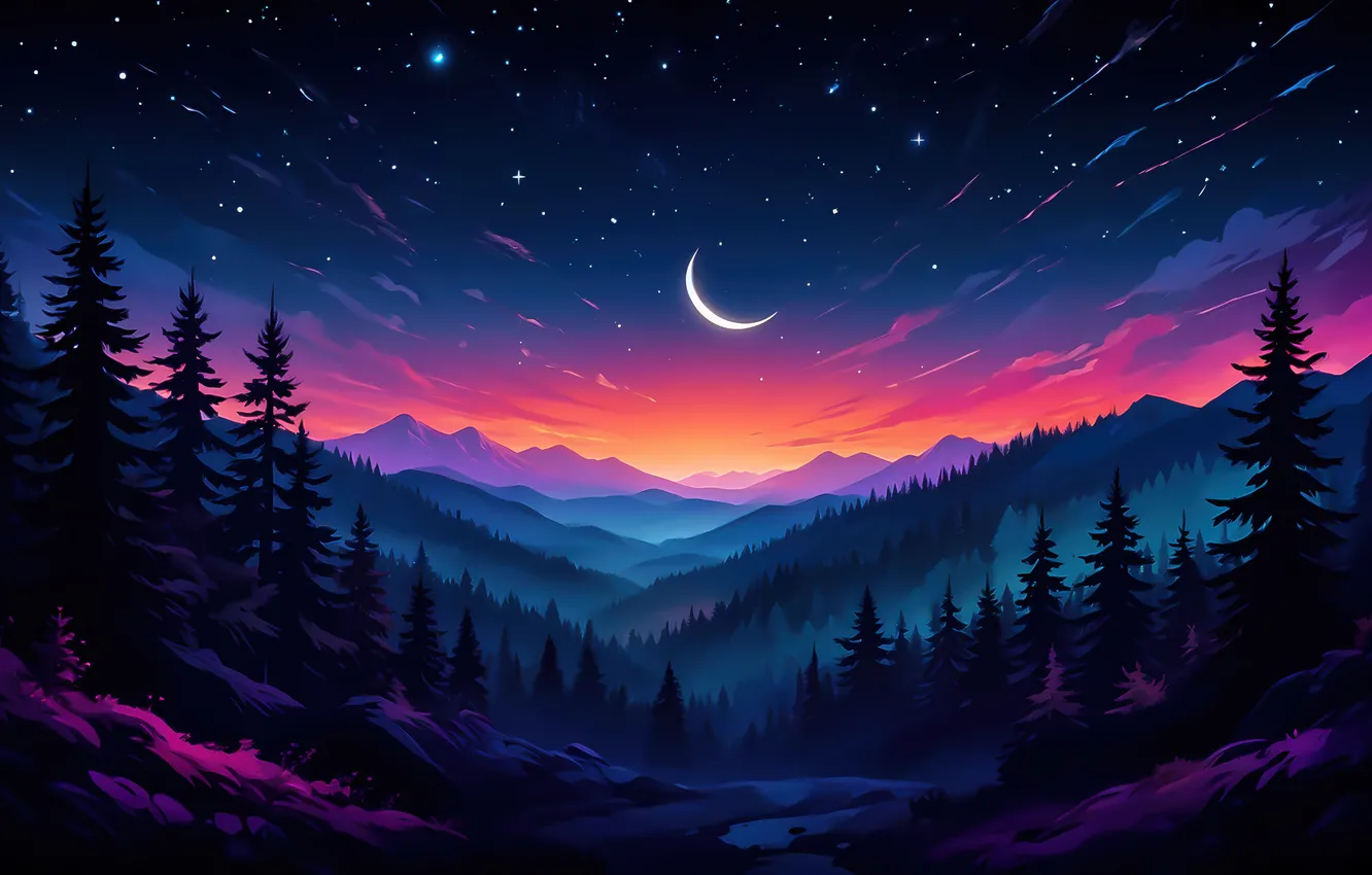 Photo wallpaper Sunset, Clouds, Mountains, Stars, Trees, Sunset, Mountains, A month