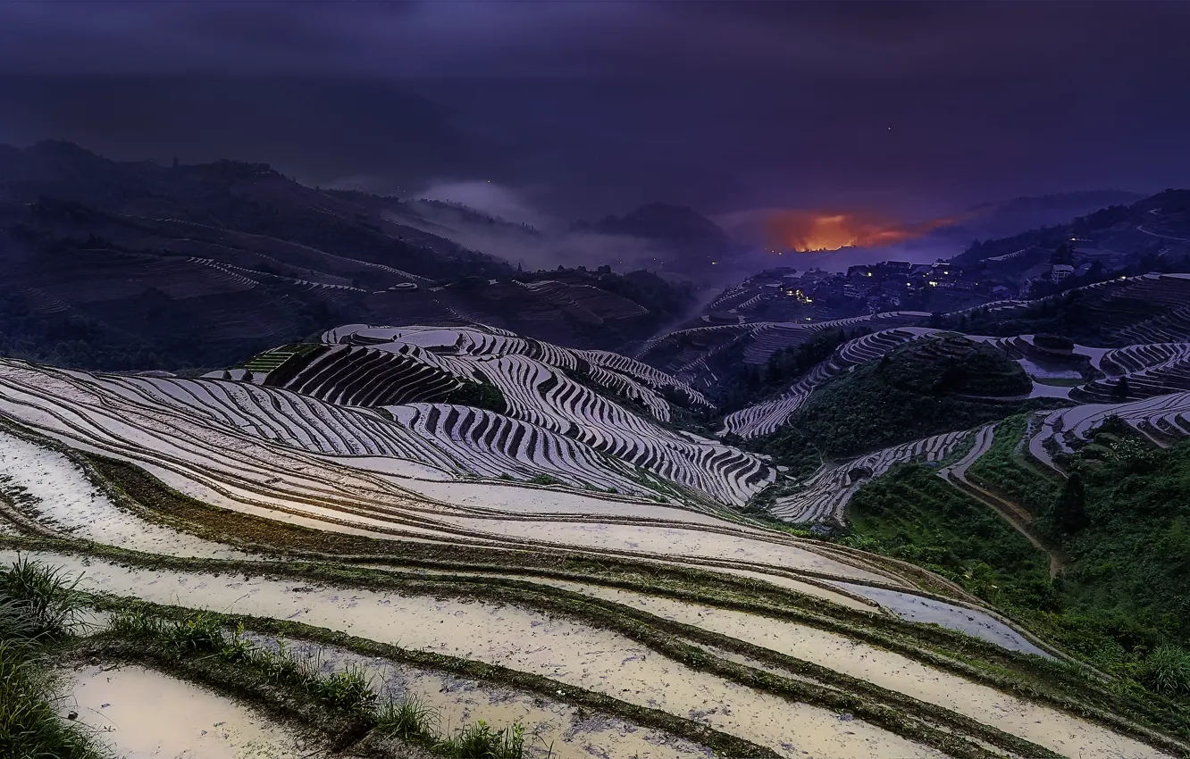 Photo wallpaper dawn, morning, China, field, morning, sunrise, rice fields, Guangxi
