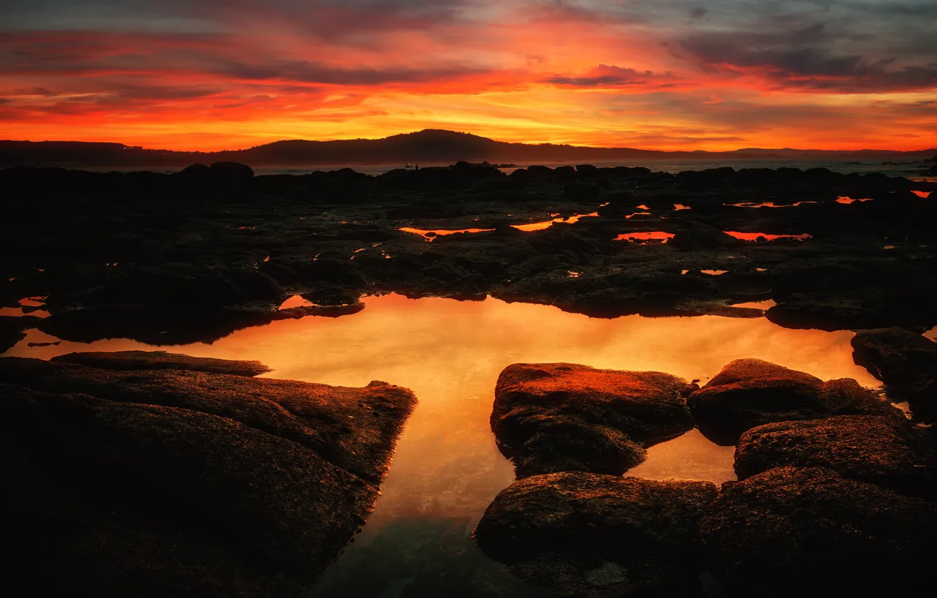 Photo wallpaper sea, the sky, water, clouds, light, sunset, mountains, clouds