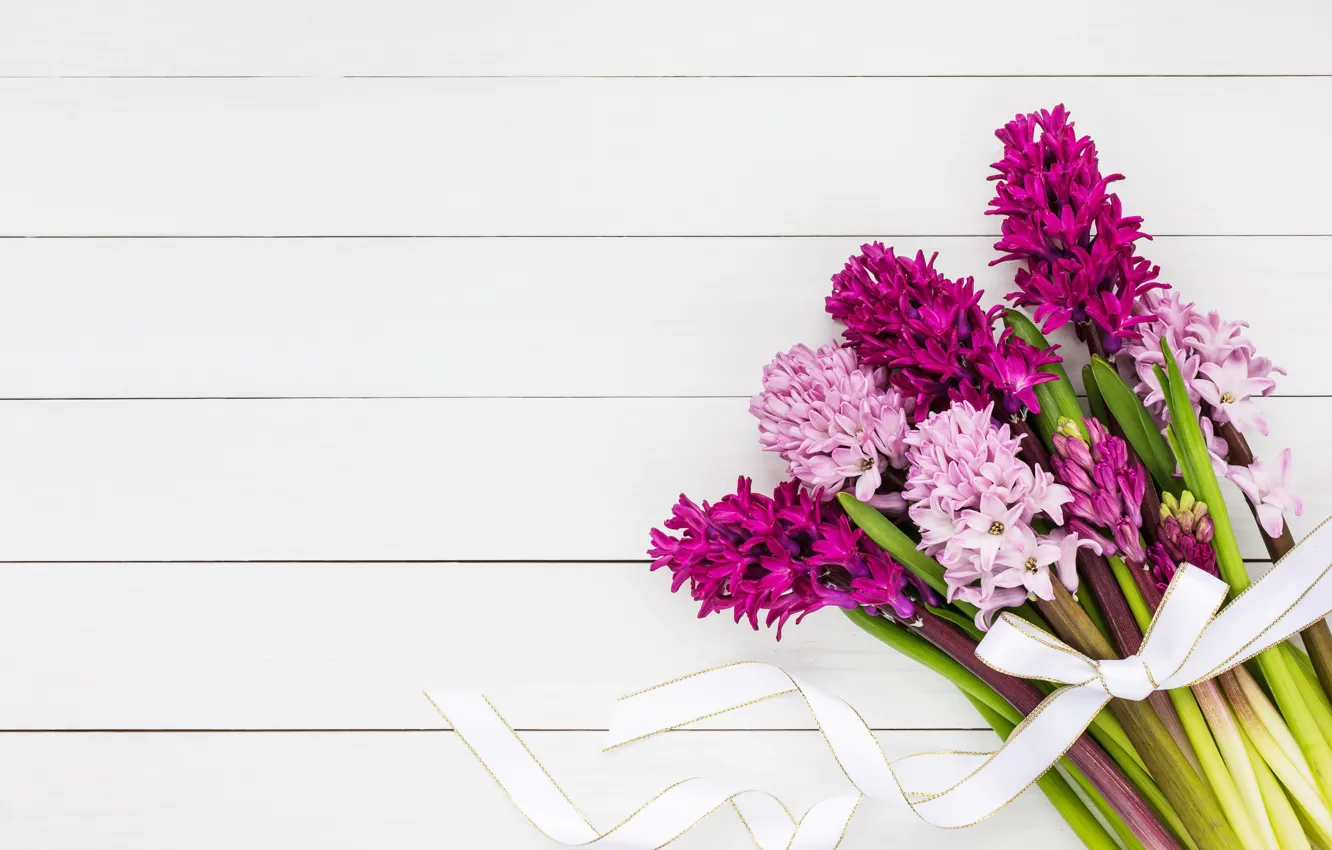 Photo wallpaper white, flowers, background, tape, wood, hyacinths, bouguet, LAIMDOTA GRIVANE
