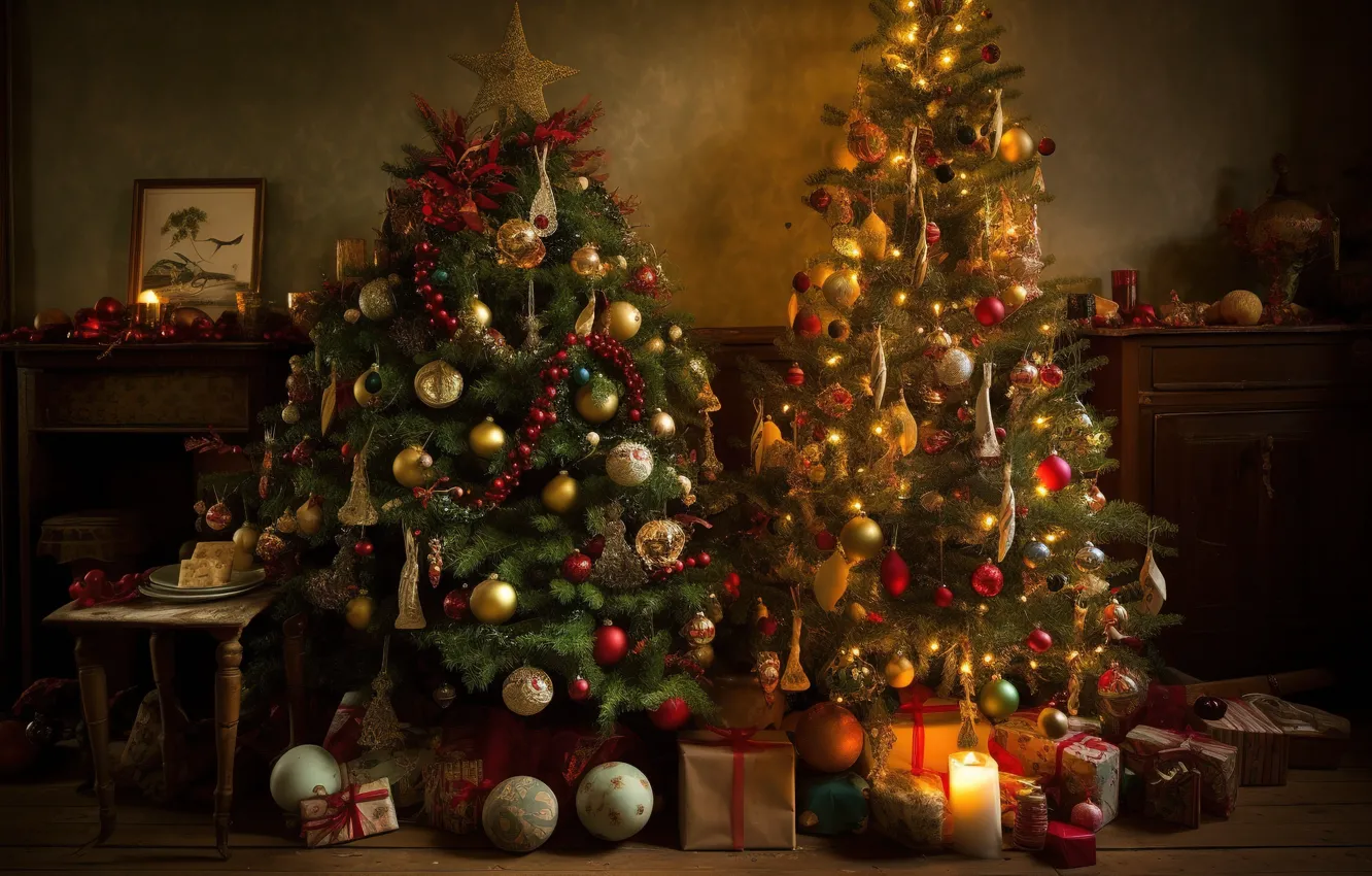 Photo wallpaper winter, decoration, room, balls, tree, interior, New Year, Christmas