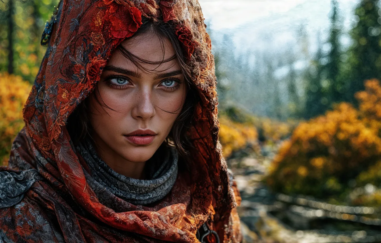 Photo wallpaper look, trees, face, shawl, beautiful girl, digital art, digital art, artificial intelligence