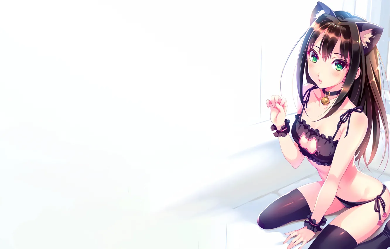 Photo wallpaper girl, sexy, lingerie, bra, cleavage, panties, thighhighs, green eyes