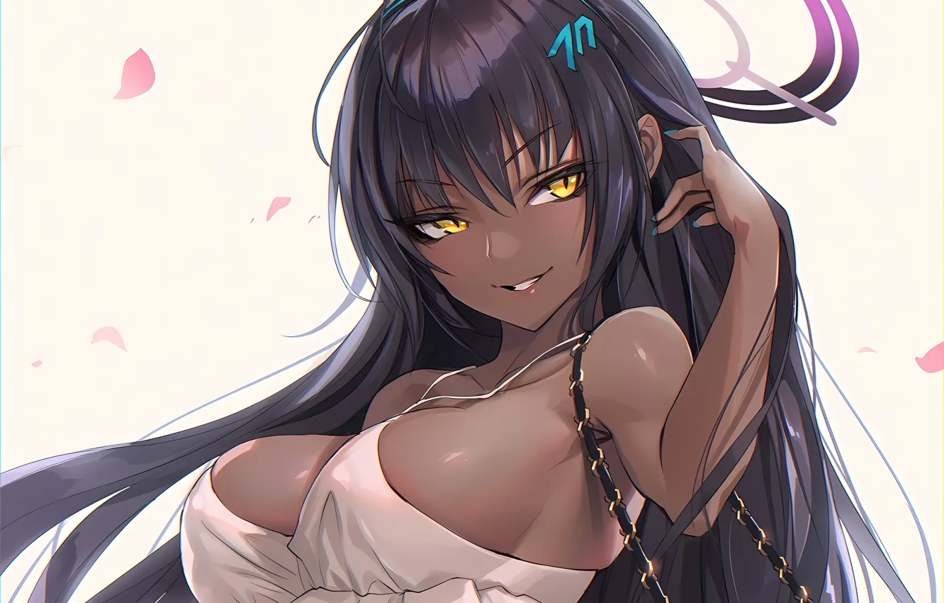 Photo wallpaper girl, sexy, cleavage, blouse, long hair, brown hair, boobs, anime