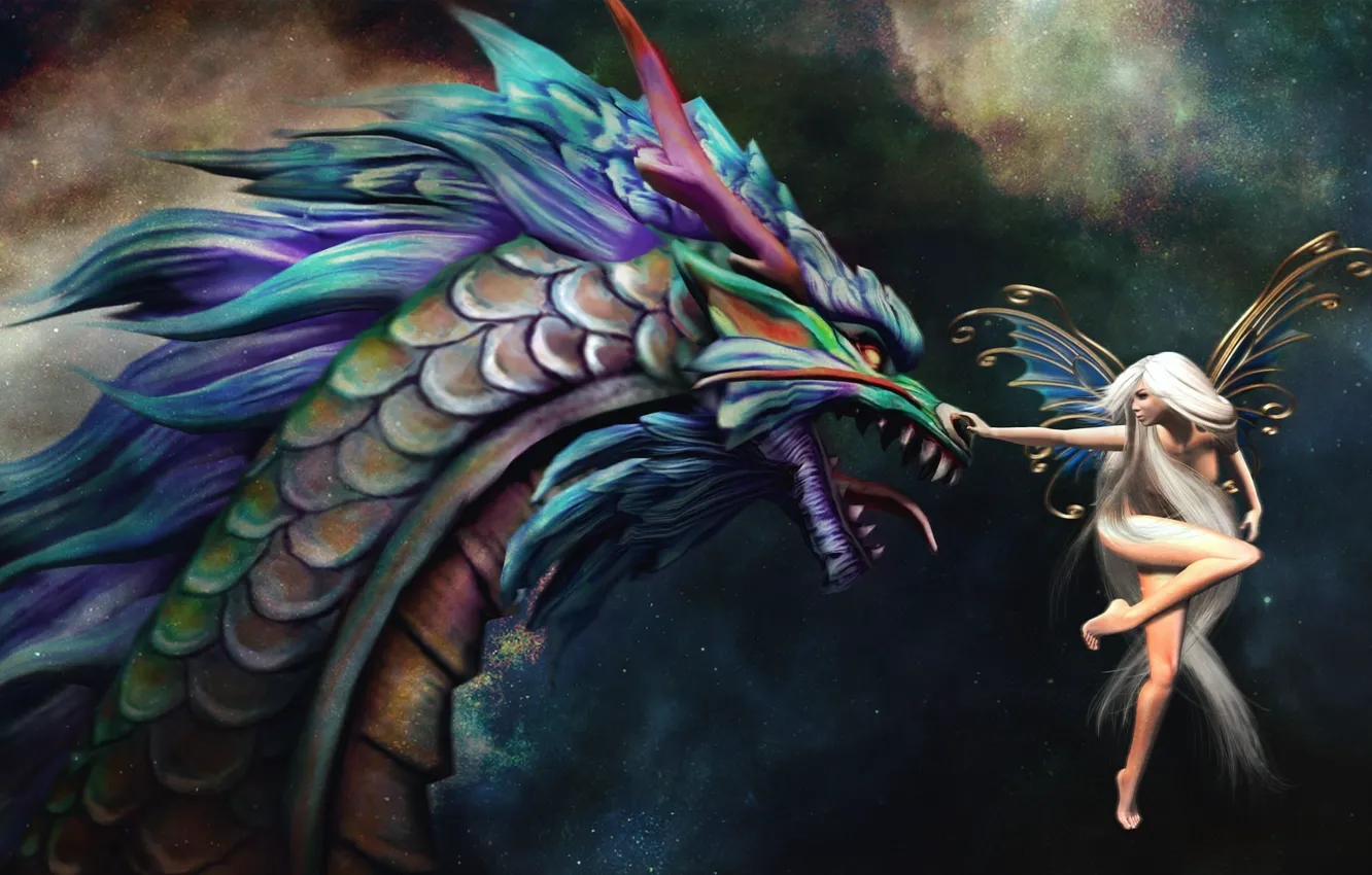 Photo wallpaper dragon, fairy, art