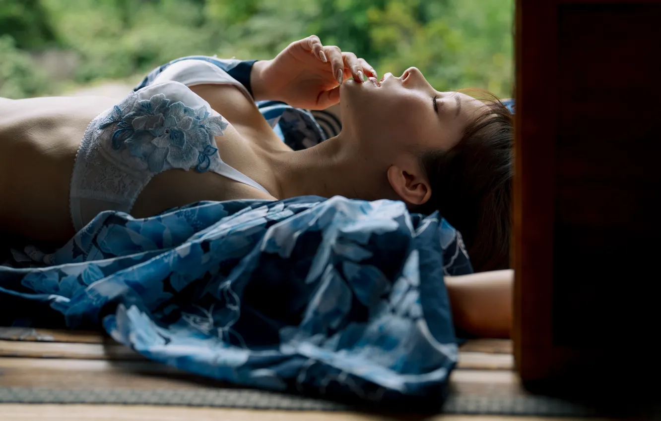 Photo wallpaper lingerie, bra, model, women, brunette, asian, closed eyes