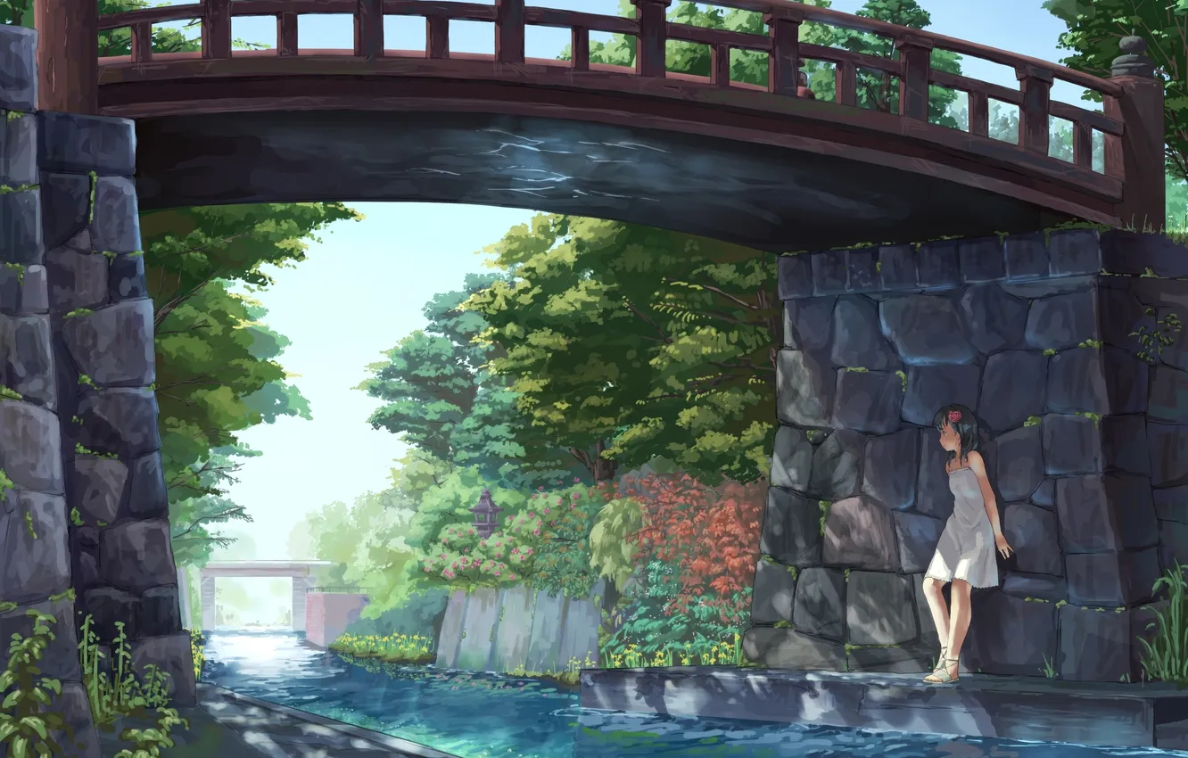 Photo wallpaper look, girl, bridge, river