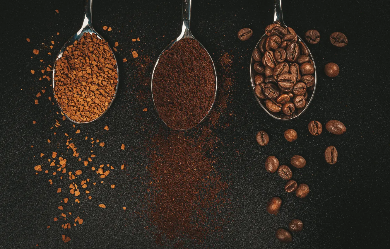 Photo wallpaper coffee, grain, black background, coffee, grains, black background, spoon, ground