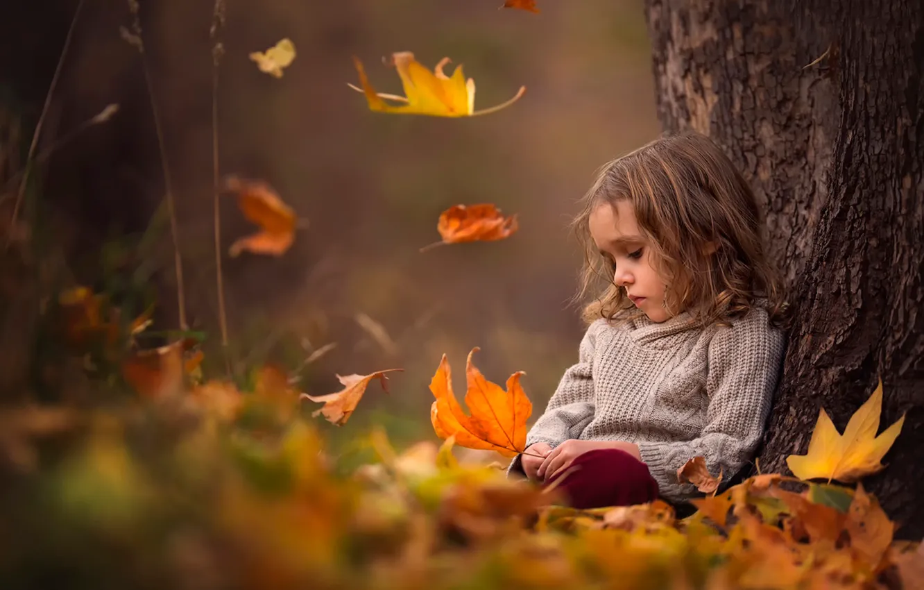Photo wallpaper autumn, leaves, girl, bokeh