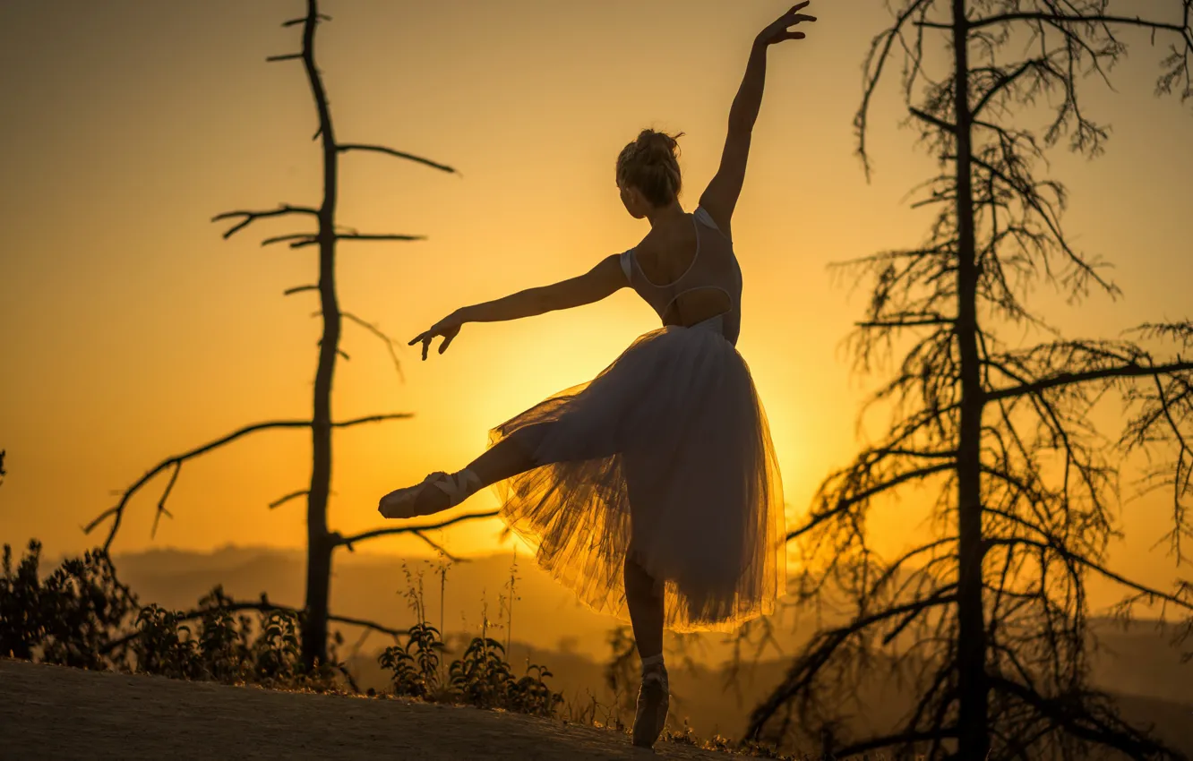 Photo wallpaper girl, sunset, ballerina