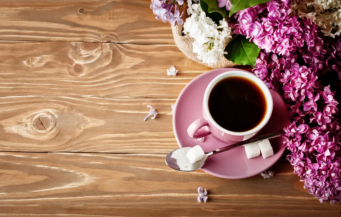 Photo wallpaper flowers, coffee, spring, sugar, drink, lilac