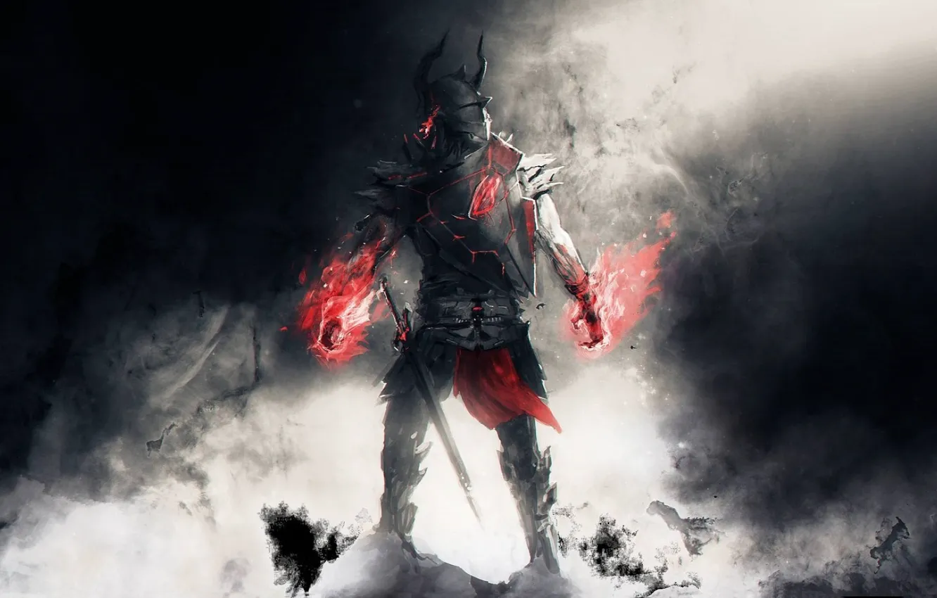 Photo wallpaper flame, smoke, sword, armor, the demon, horns, helmet, lord of the rings