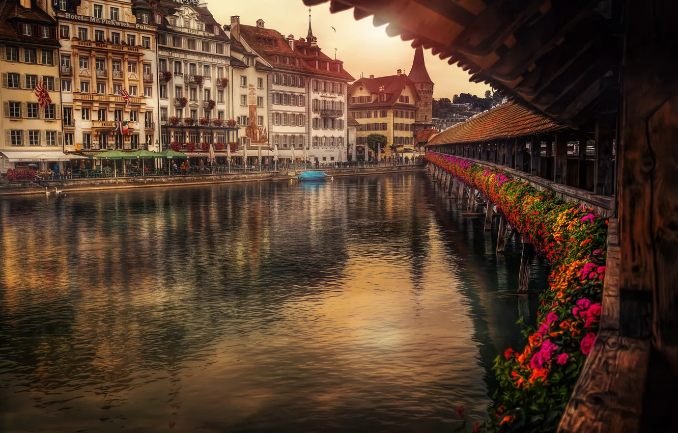 Photo wallpaper flowers, bridge, river, building, Switzerland, promenade, Switzerland, Lucerne