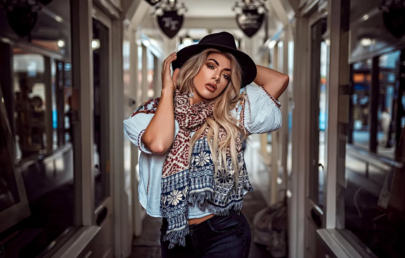 Photo wallpaper look, model, portrait, jeans, hat, makeup, scarf, figure