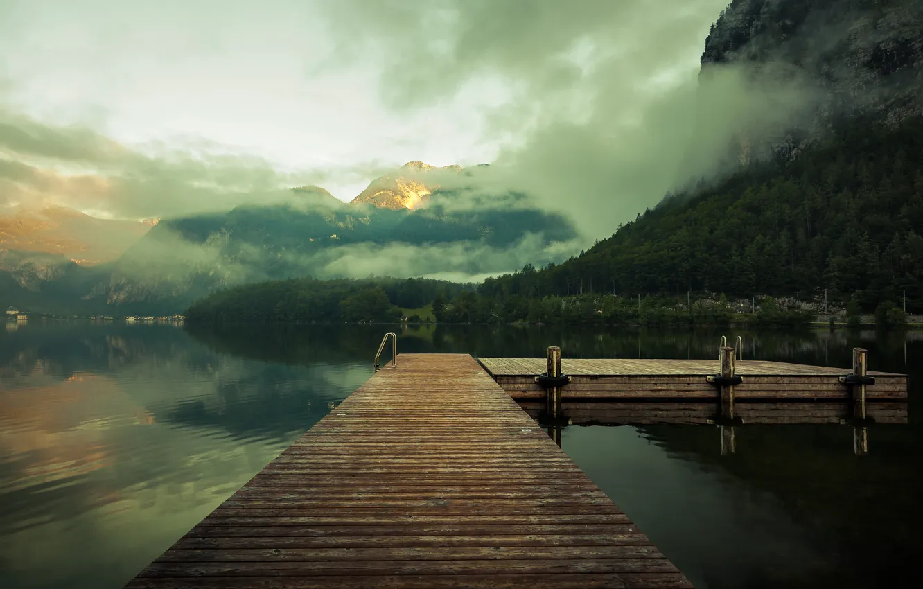 Photo wallpaper clouds, mountains, lake, pierce, mountains, clouds, lake, pier