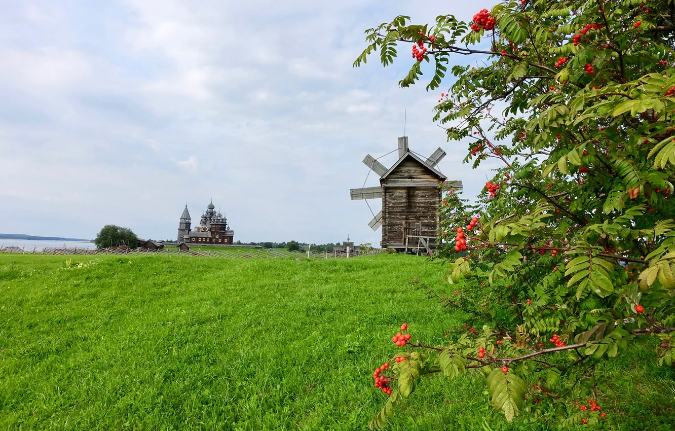Photo wallpaper greens, field, the sky, grass, clouds, lake, the fence, island