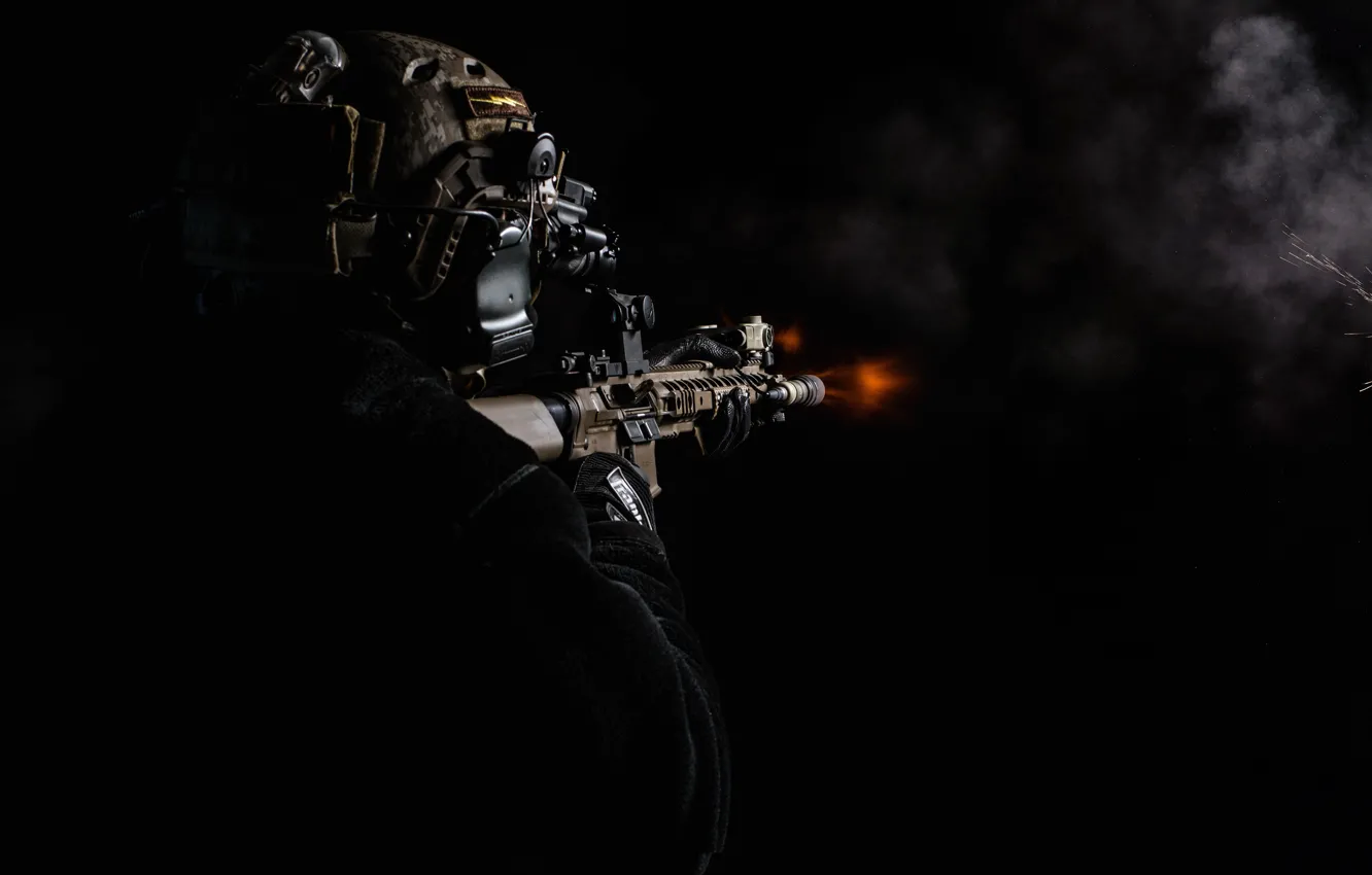 Photo wallpaper weapons, fire, soldiers, machine, shooting
