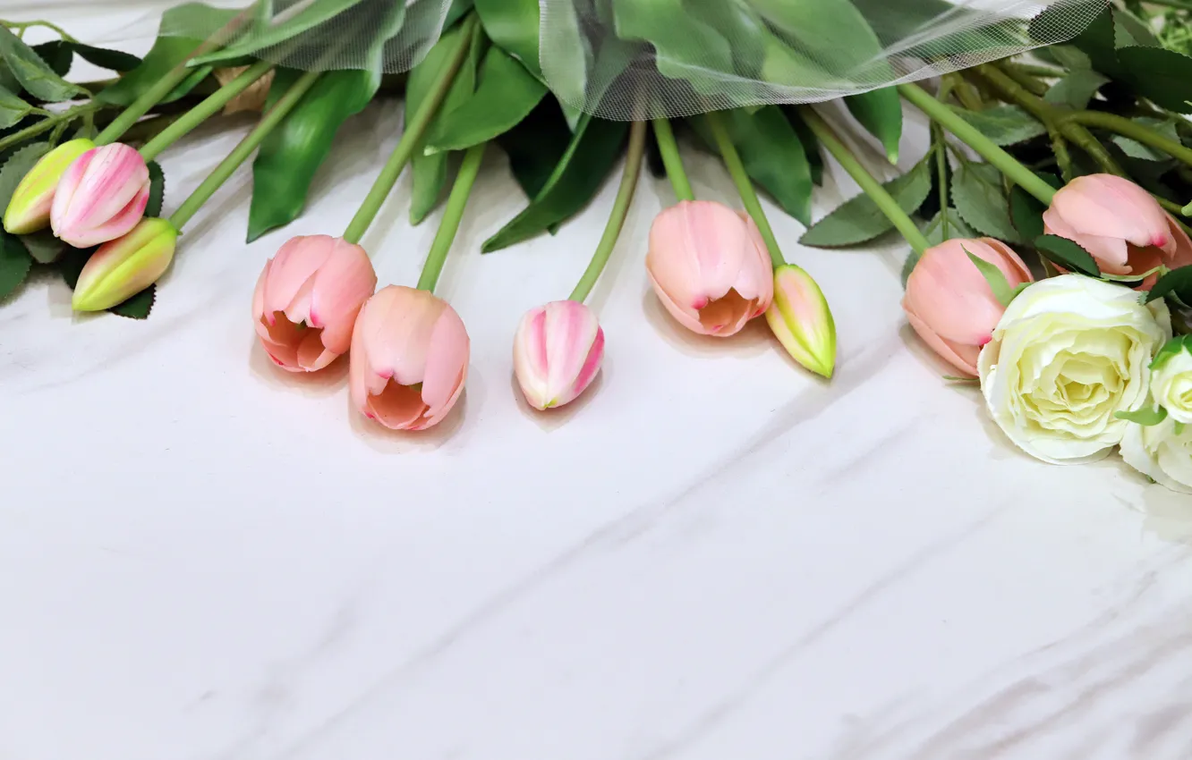 Photo wallpaper flowers, Board, rose, bouquet, tulips, white, pink, light background