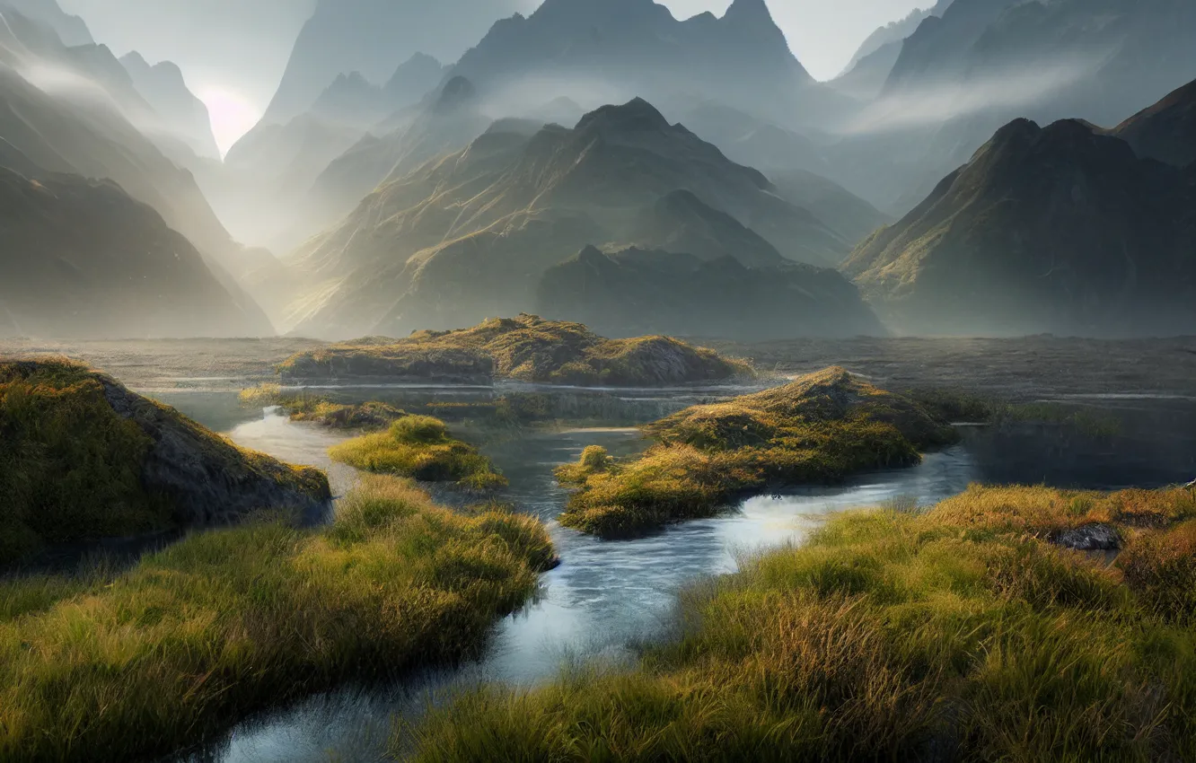 Photo wallpaper mountains, fog, New Zealand, Fiordland