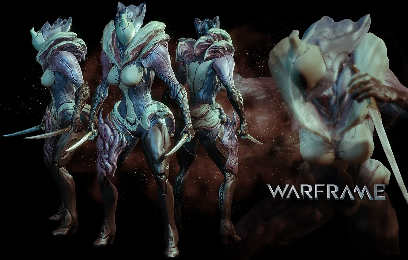 Photo wallpaper being, soldiers, cyborg, black background, character, Warframe, view from different sides