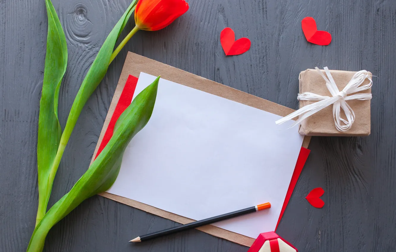 Photo wallpaper flowers, red, gift, hearts, tulips, red, wood, flowers