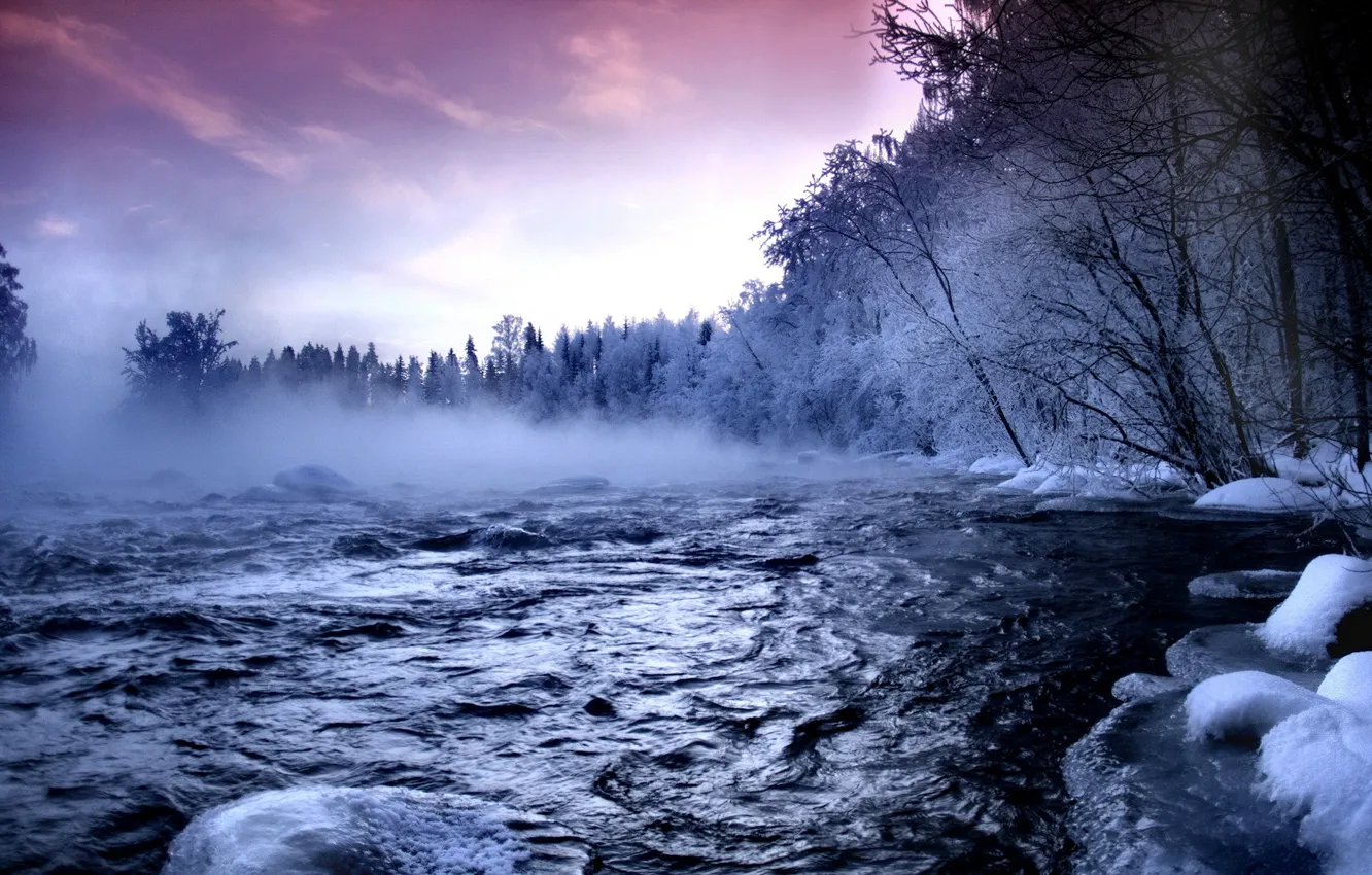 Photo wallpaper winter, snow, river, pair