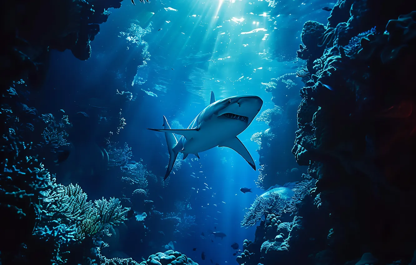 Photo wallpaper predator, shark, corals, underwater world, digital art, AI art, The Art of Artificial Intelligence, neural …