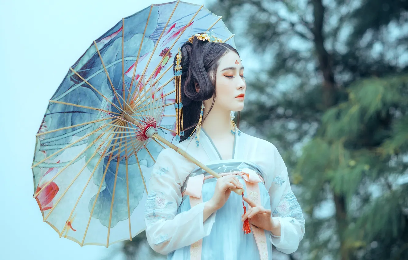 Photo wallpaper white, girl, decoration, trees, nature, face, pose, style