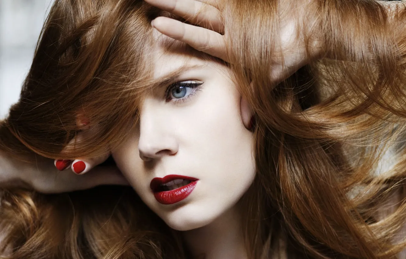 Photo wallpaper girl, face, hair, hands, actress, red lips, Amy Adams