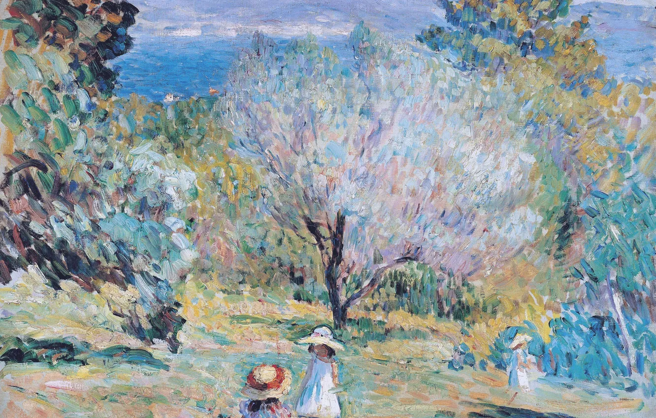 Photo wallpaper landscape, mountains, children, paint, picture, Henri Lebacq, Girls in a Mediterranean Landscape