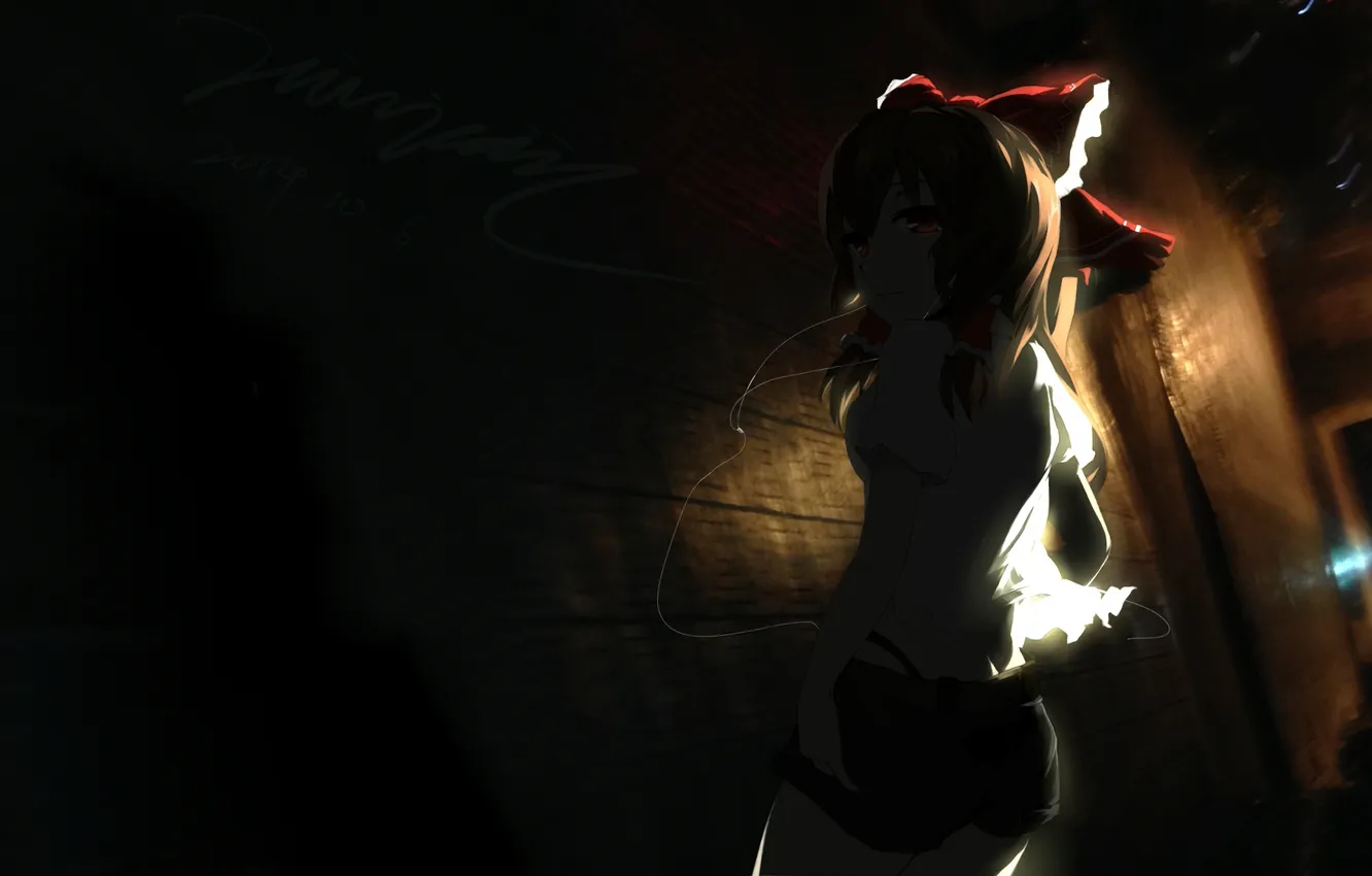Photo wallpaper girl, darkness, wire, anime, headphones, art, lantern, bow