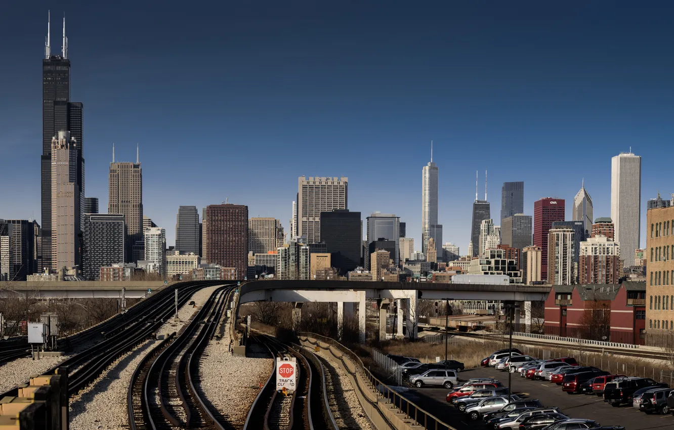 Photo wallpaper machine, the city, skyscrapers, Chicago, Parking, railway road