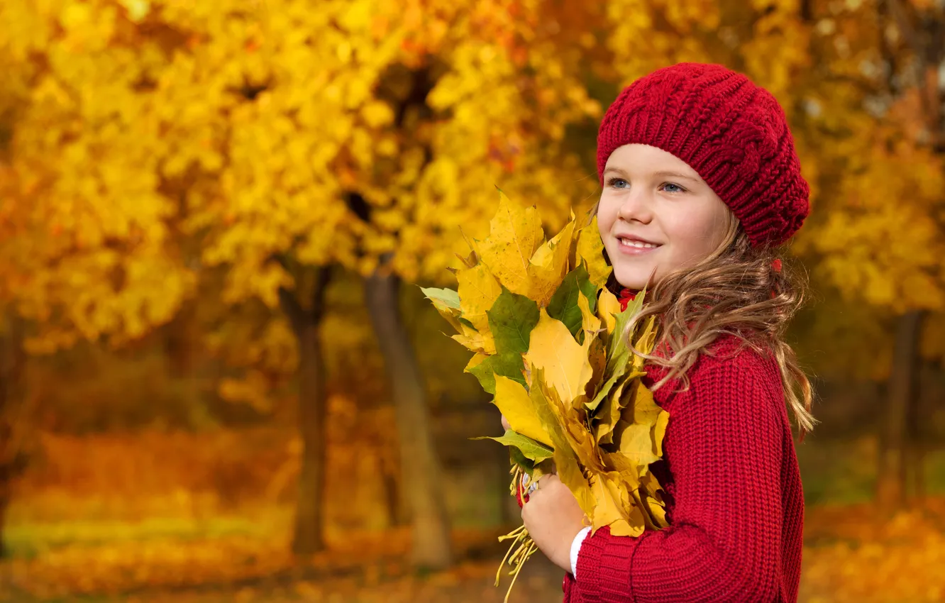 Photo wallpaper autumn, look, leaves, trees, smile, blonde, girl, takes