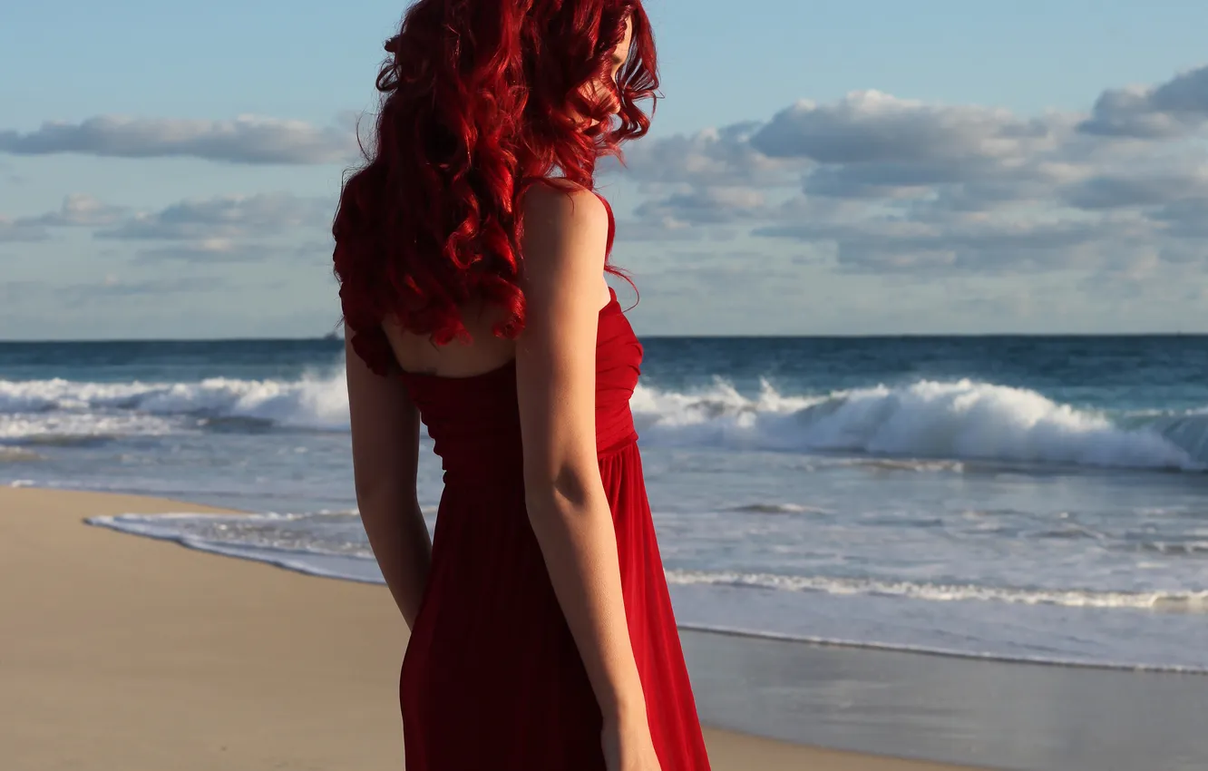 Photo wallpaper sea, wave, the sky, girl, hands, red dress, curls, red hair