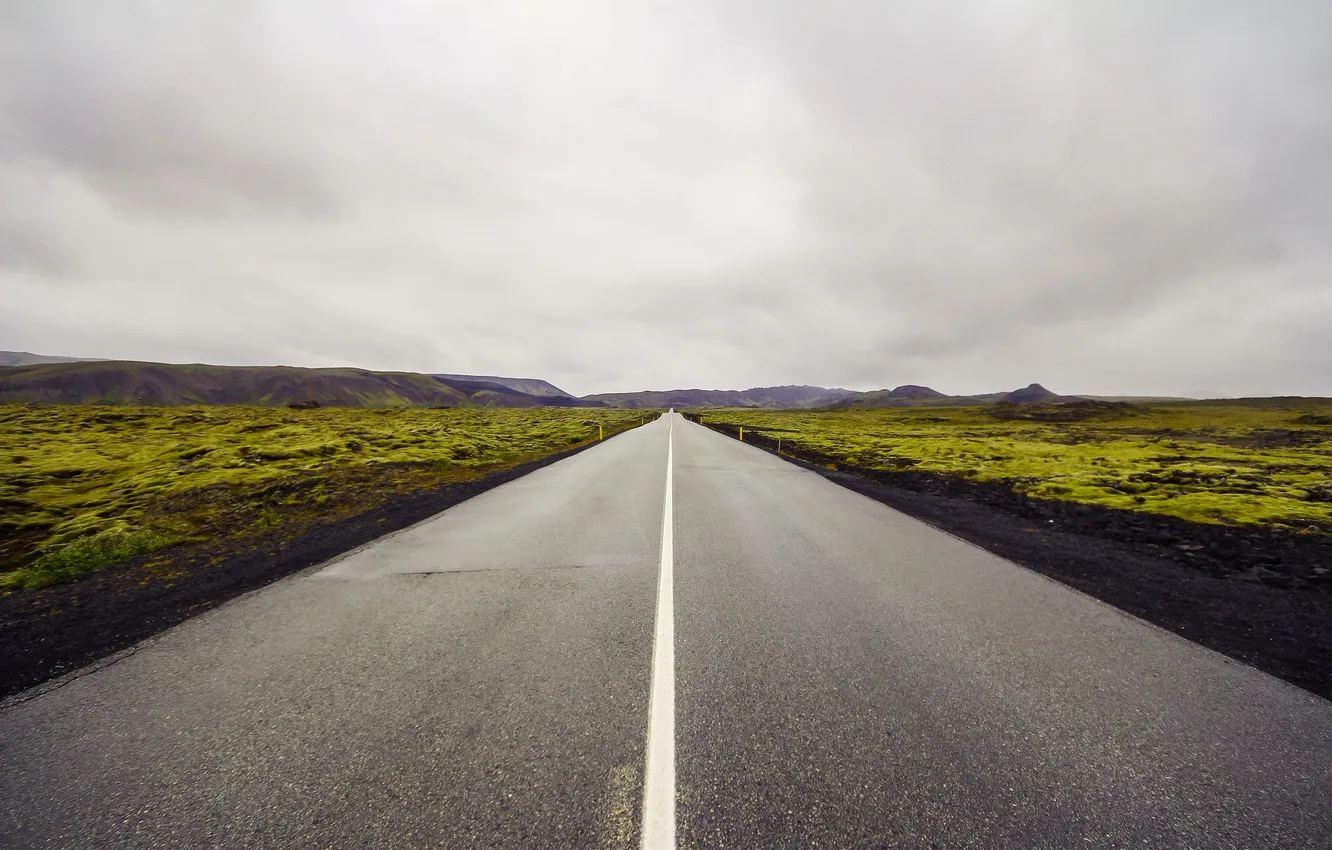 Photo wallpaper road, clouds, hills, rainy